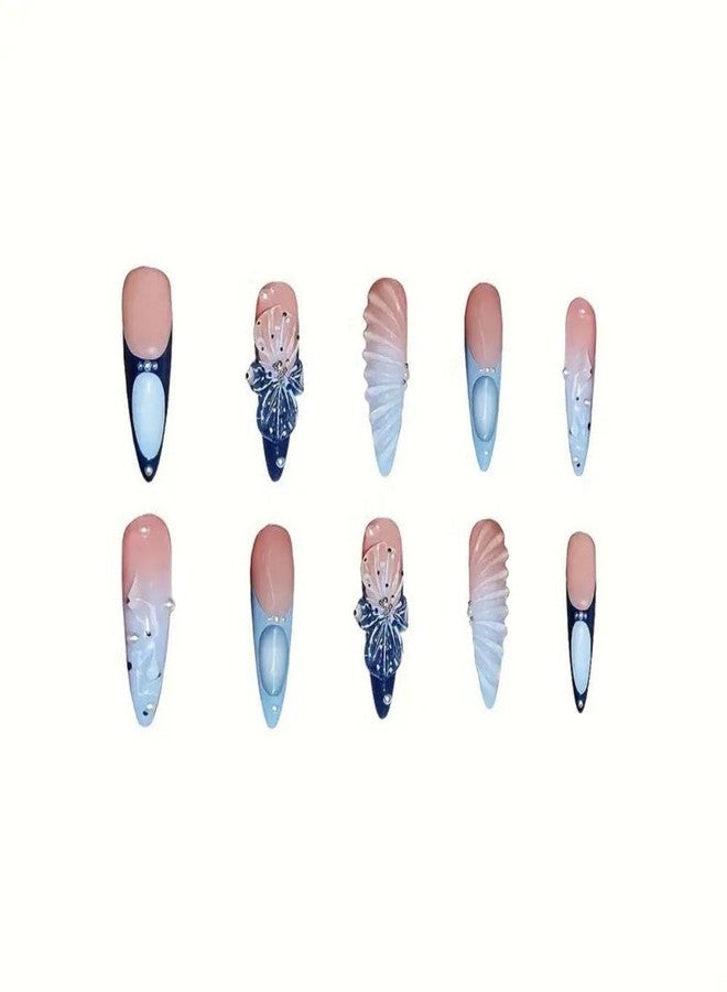 Sevgob Handmade Press on Nails Long Almond Glue on Nails with Flower Charm Design Blue French Tips Stick on Nails 3D Pearl Water Ripple Fake Nails Glossy Summer False Nails for Women Girls Manicure 24Pcs - Image 4